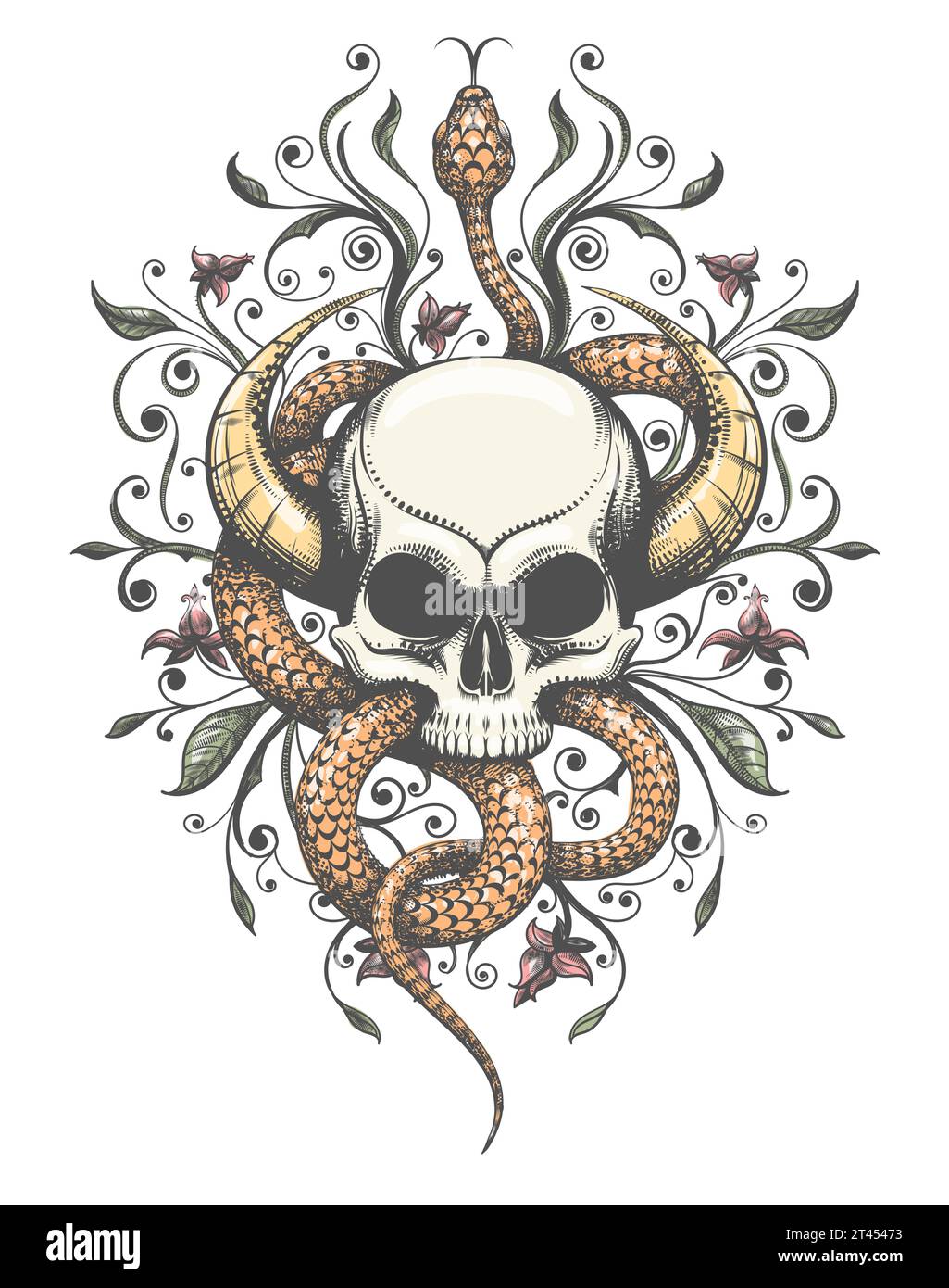 Horned Skull with Snake and Flowers Tattoo in Engraving Style isolated on white vector illustration Stock Vector