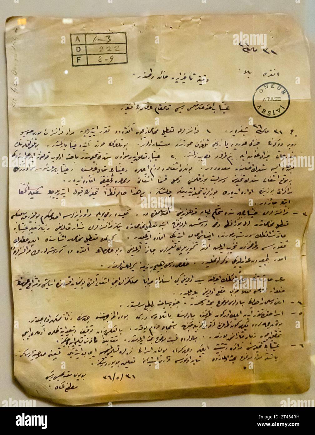 1920 telegram by Mustafa Kemal Atatyrk in Arabic regarding armistice Stock Photo