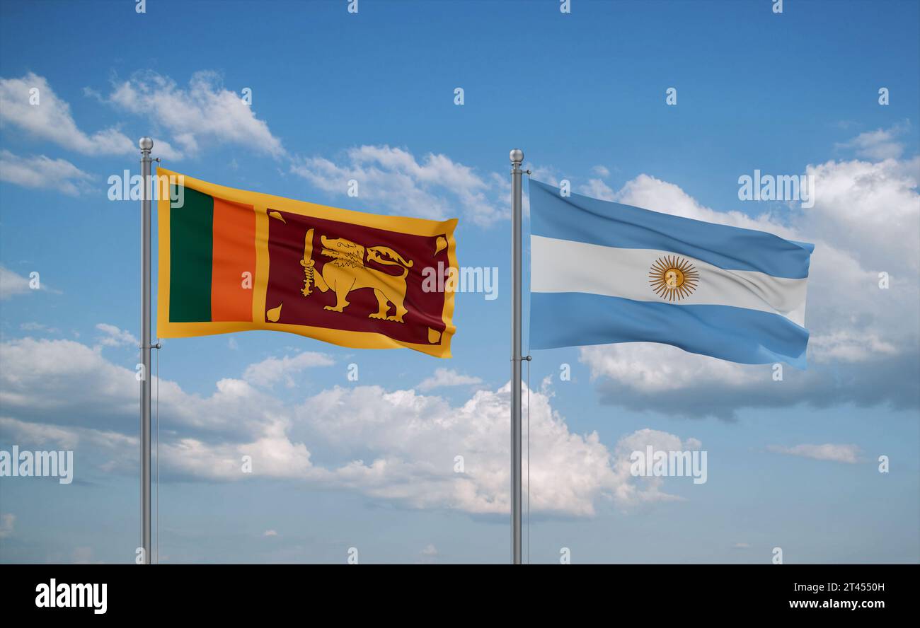 Argentina and Sri Lanka flags waving together on blue cloudy sky, two ...