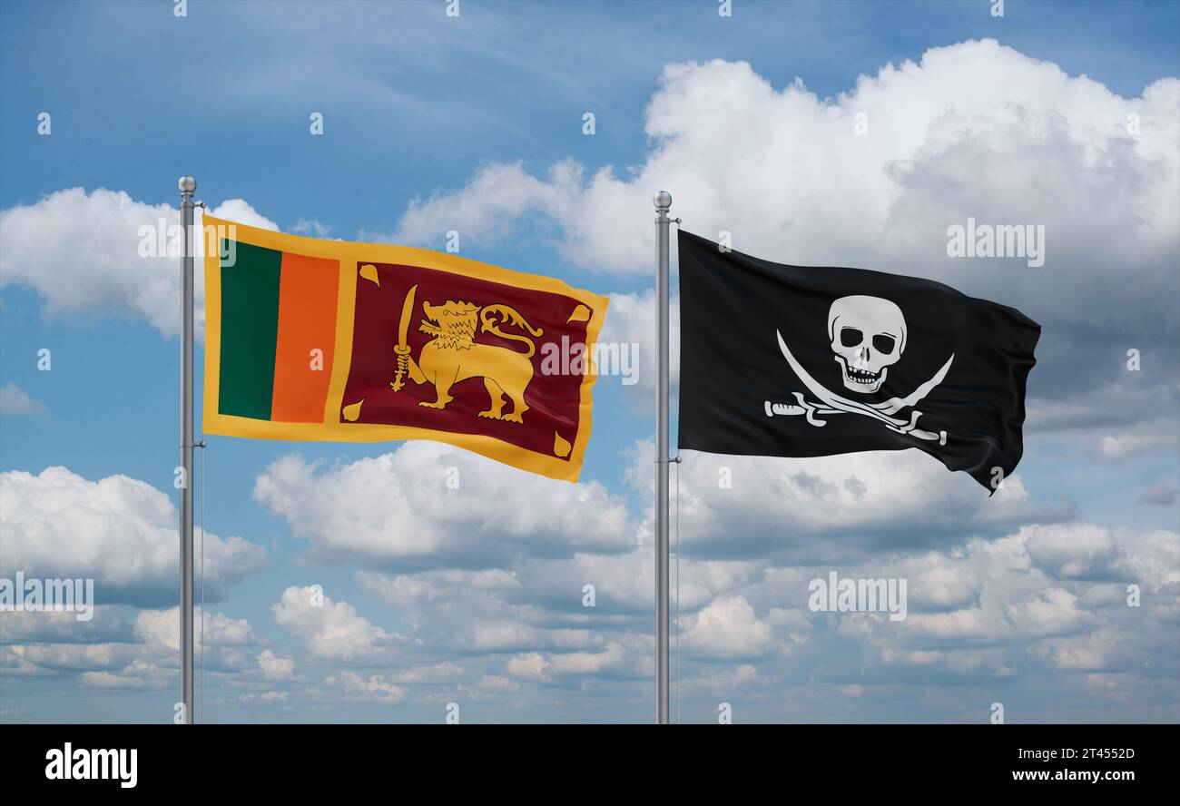 Sri Lanka and corsair flags waving together in the wind on blue cloudy ...