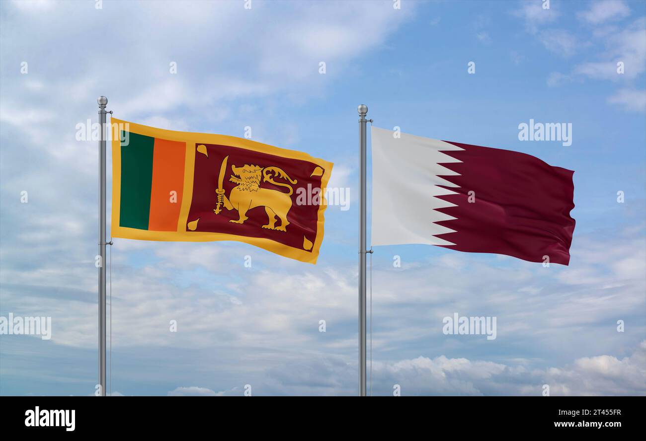 Qatar and Sri Lanka flags waving together in the wind on blue cloudy