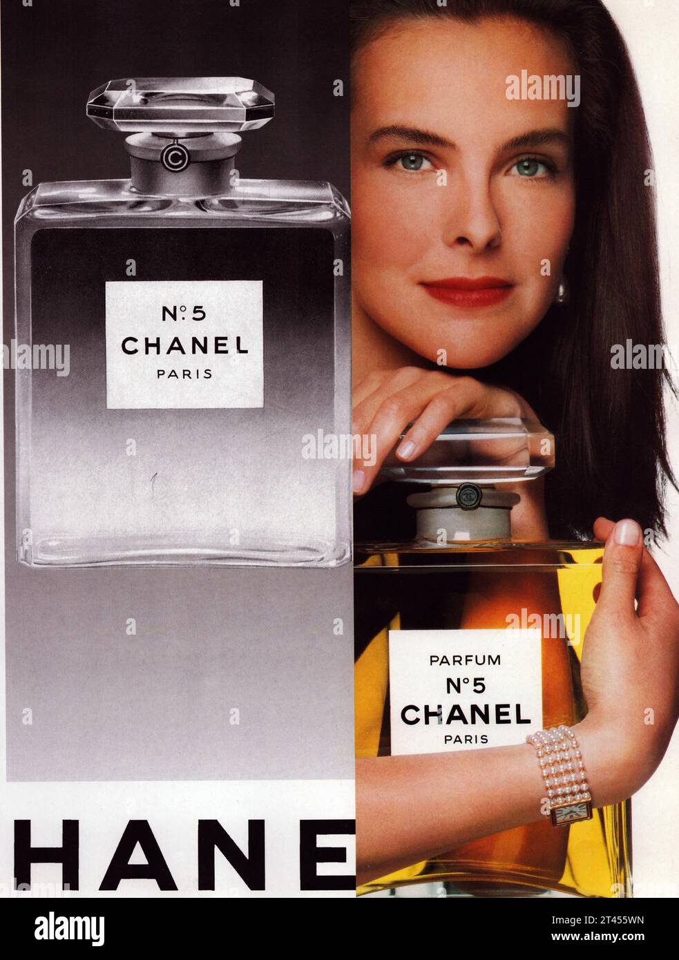 Chanel No 5 Paris affiche Chanel No 5 perfumes commercial collage of adverts old and new; model holding Chanel No5 big perfume bottle Stock Photo
