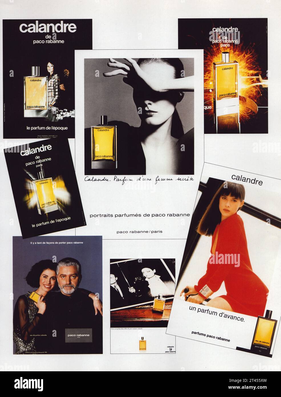 Calandre de Paco Rabanne affiche Parfums Paco Rabanne advertising posters, collage of Paco Rabanne vintage commercials Stock Photo