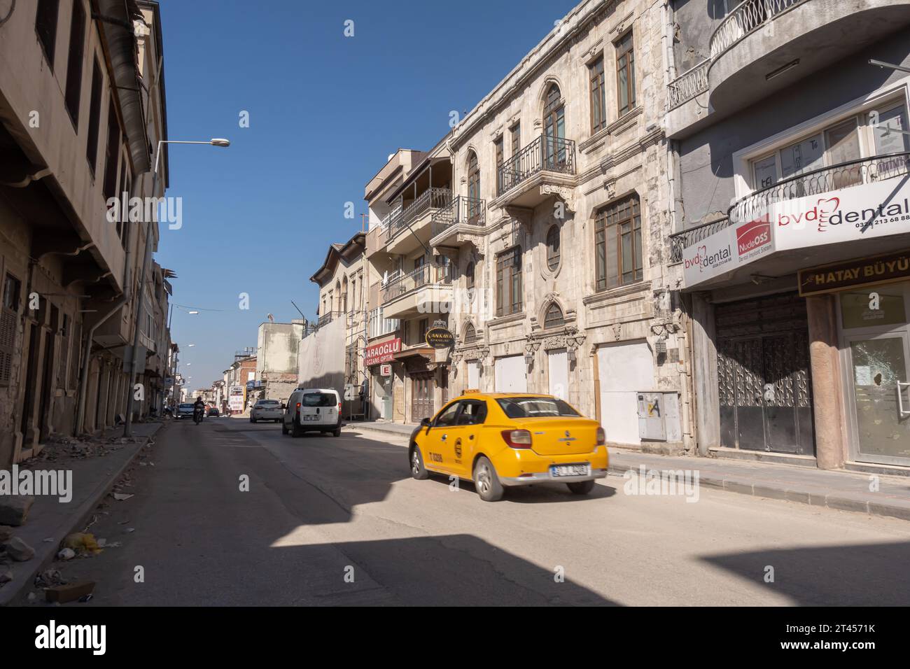Buildings on Kurtuluş street in Merkez central district in Antakya Turkey. The city was severely git by 2023 Turkish earthquake Stock Photo