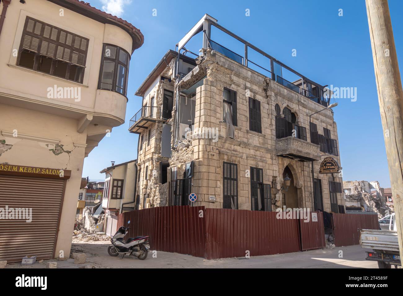The Liwan hotel building destroyed by Turkish earthquake 2023 in Antakya Hatay Turkey Stock Photo