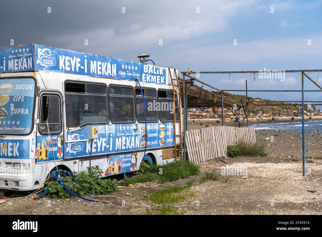 abandoned food truck in  at seaside restaurant in Cevlik seaside Hatay Turkey Stock Photo