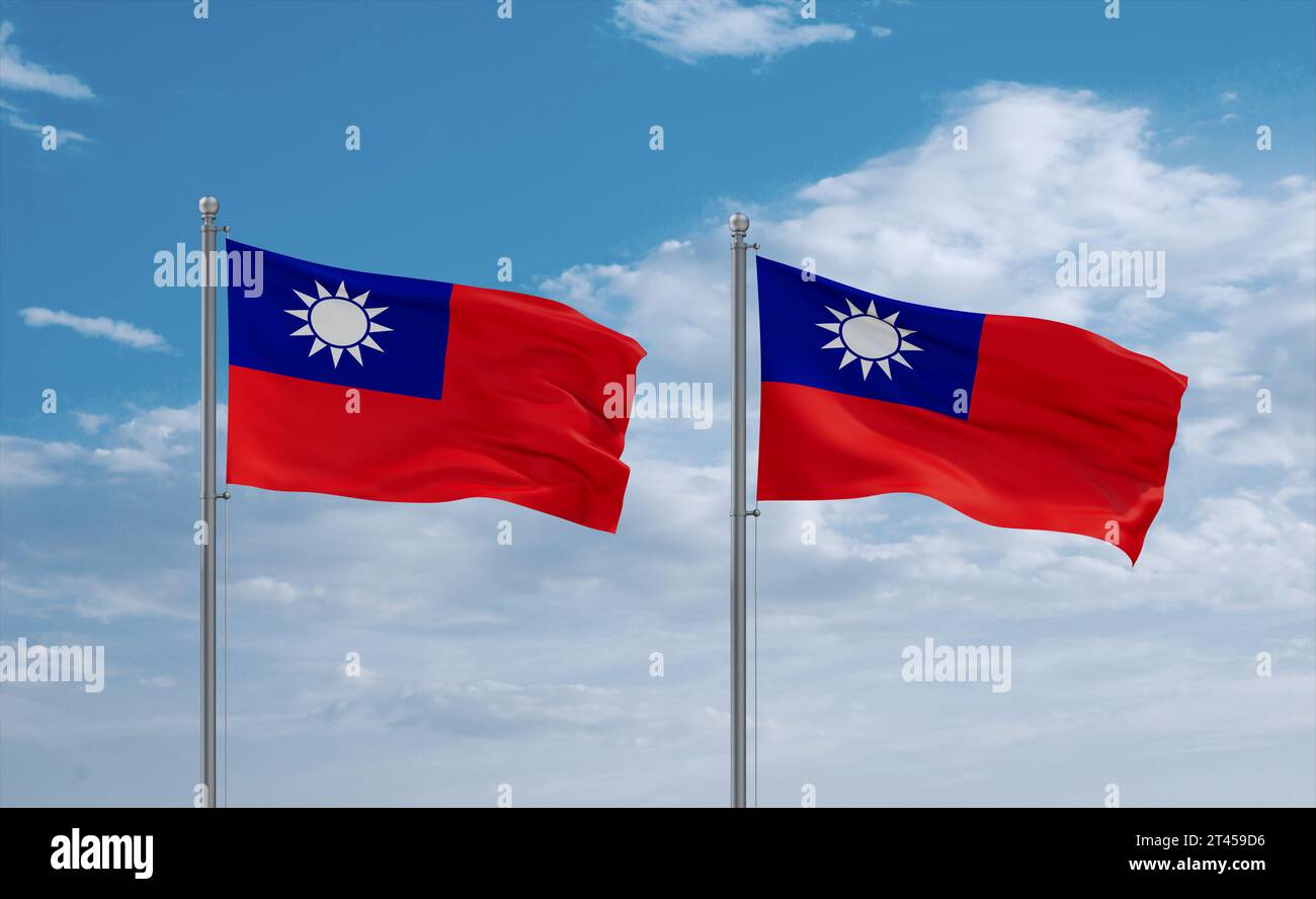 Toaw Flags Two Taiwan flags waving together in the wind on blue cloudy sky, two ...