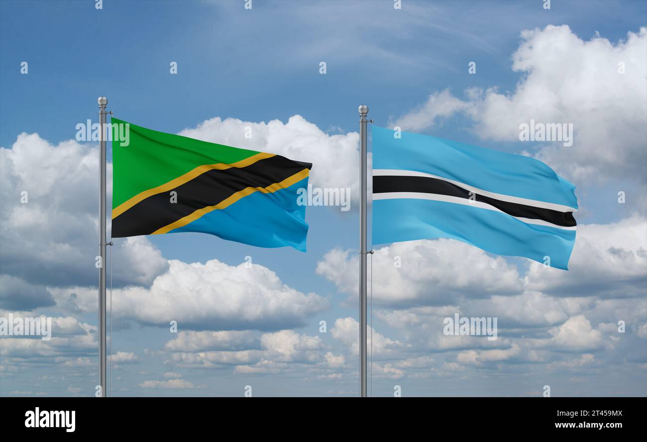 Botswana and Tanzania flags waving together on blue cloudy sky, two ...