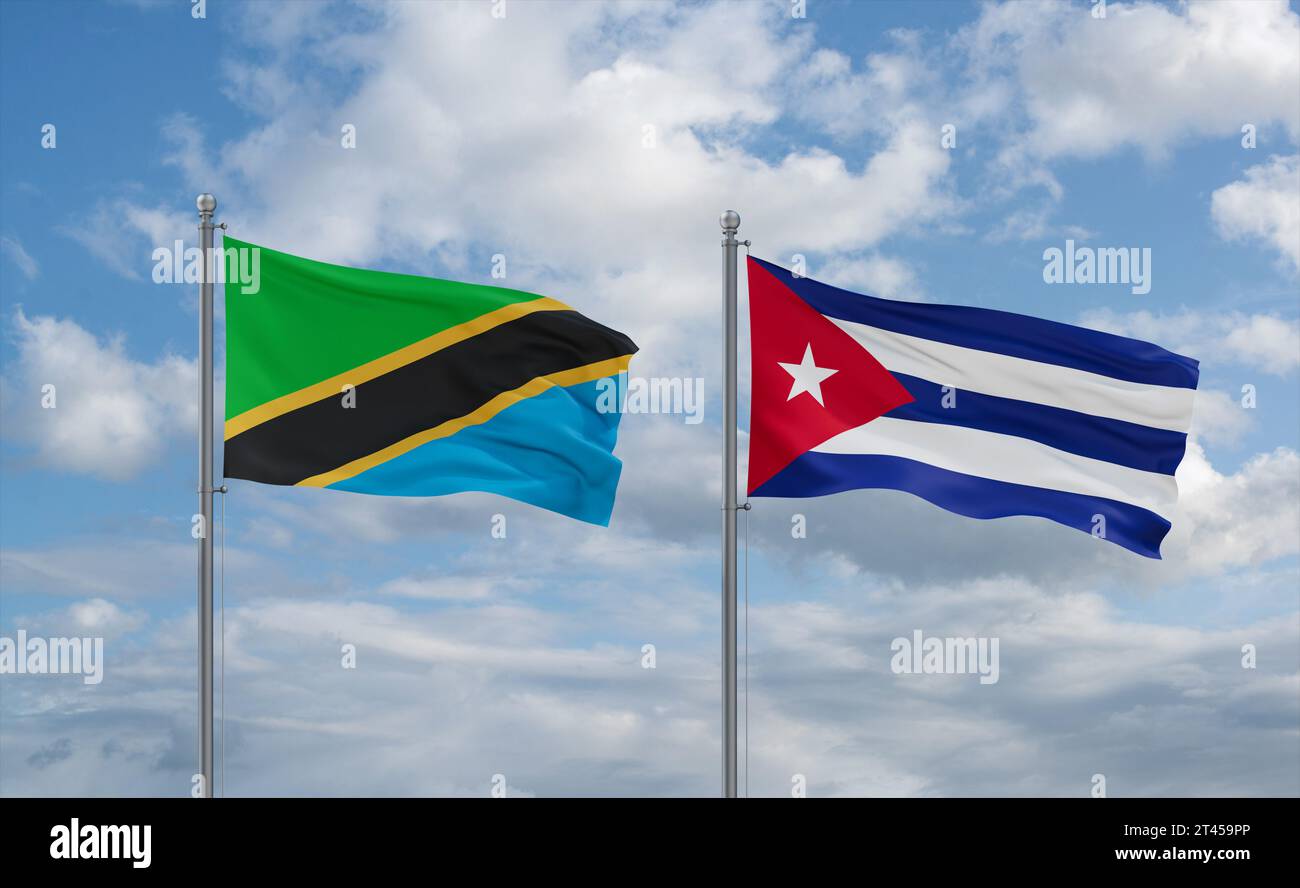 Cuba and Tanzania flags waving together in the wind on blue cloudy sky ...