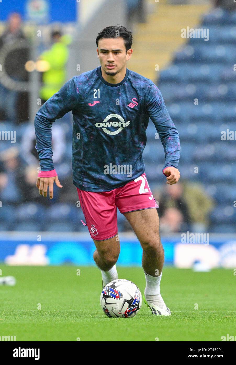 Blackburn, UK. 28th Oct, 2023. Nathan Tjoe-A-On 21# of Swansea City Association Football Club warms up ahead of the match, during the Sky Bet Championship match Blackburn Rovers vs Swansea City at Ewood Park, Blackburn, United Kingdom, 28th October 2023 (Photo by Cody Froggatt/News Images) in Blackburn, United Kingdom on 10/28/2023. (Photo by Cody Froggatt/News Images/Sipa USA) Credit: Sipa USA/Alamy Live News Stock Photo