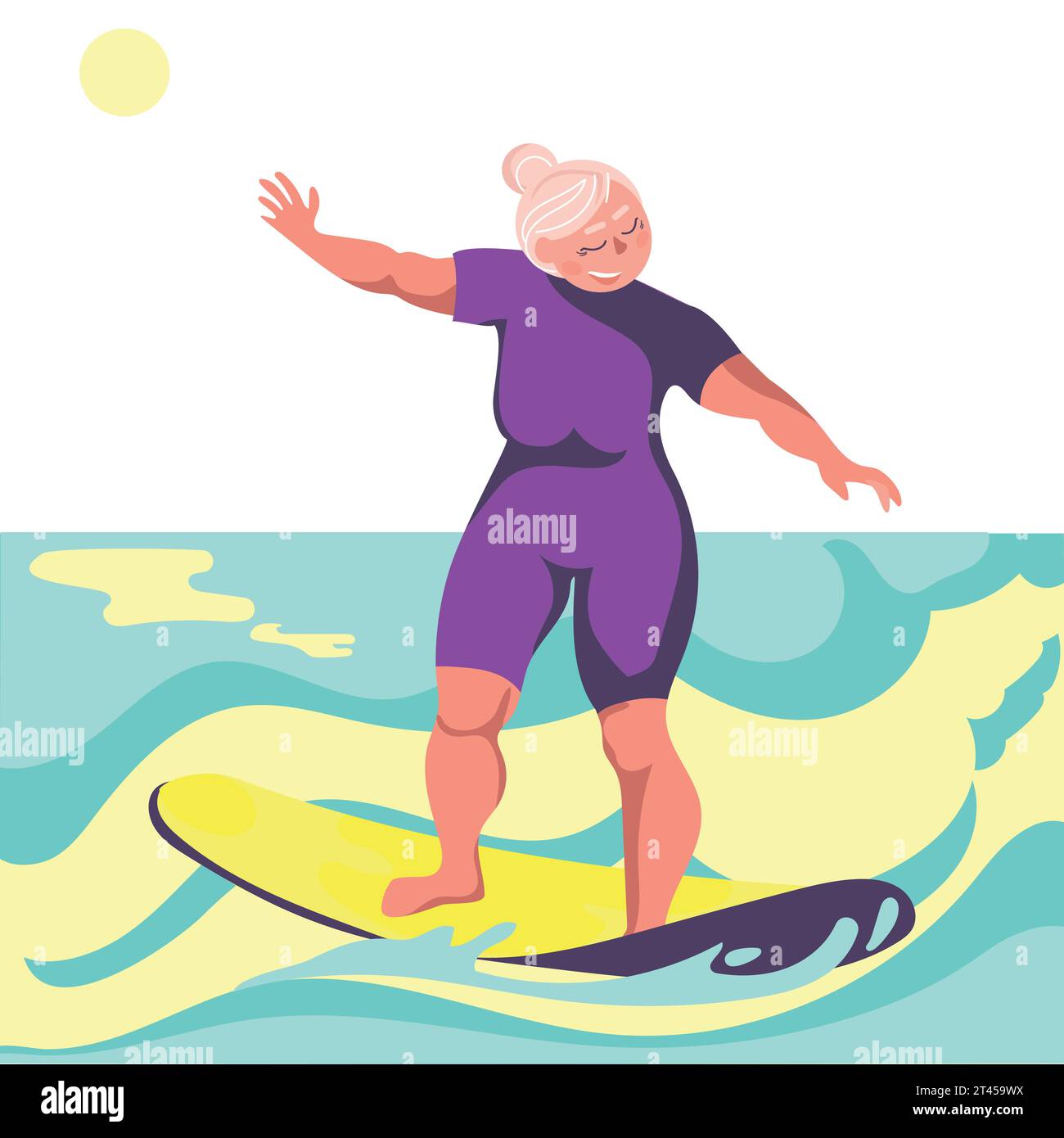 Active seniors on vacation concept.Positive Old lady riding a surfboard on sea waves.Vector illustration in modern style.Modern seniors a Stock Vector