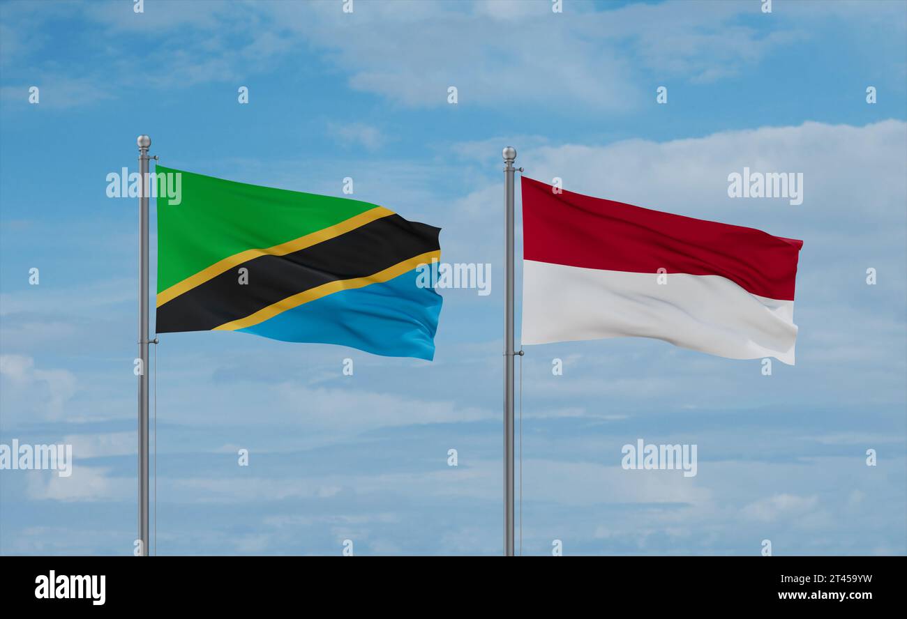 Indonesia and Tanzania flags waving together on blue cloudy sky, two ...