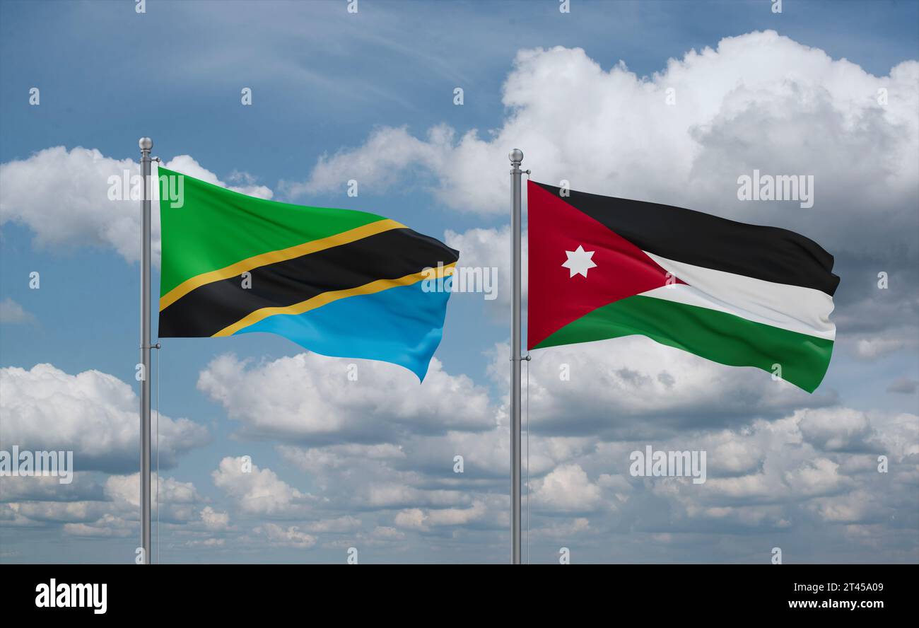 Jordan and Tanzania flags waving together in the wind on blue cloudy sky, two country relationship concept Stock Photo