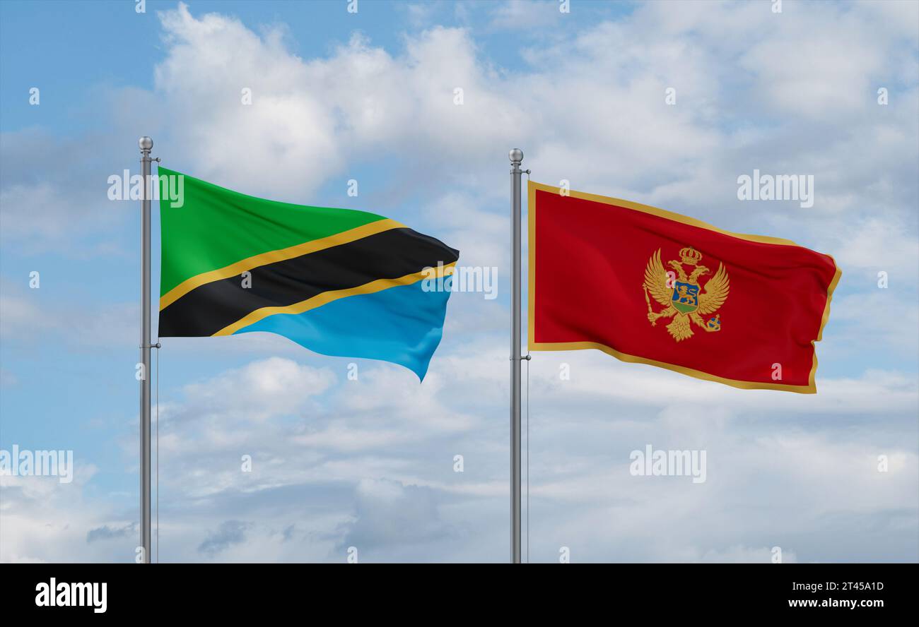 Montenegro and Tanzania flags waving together in the wind on blue ...