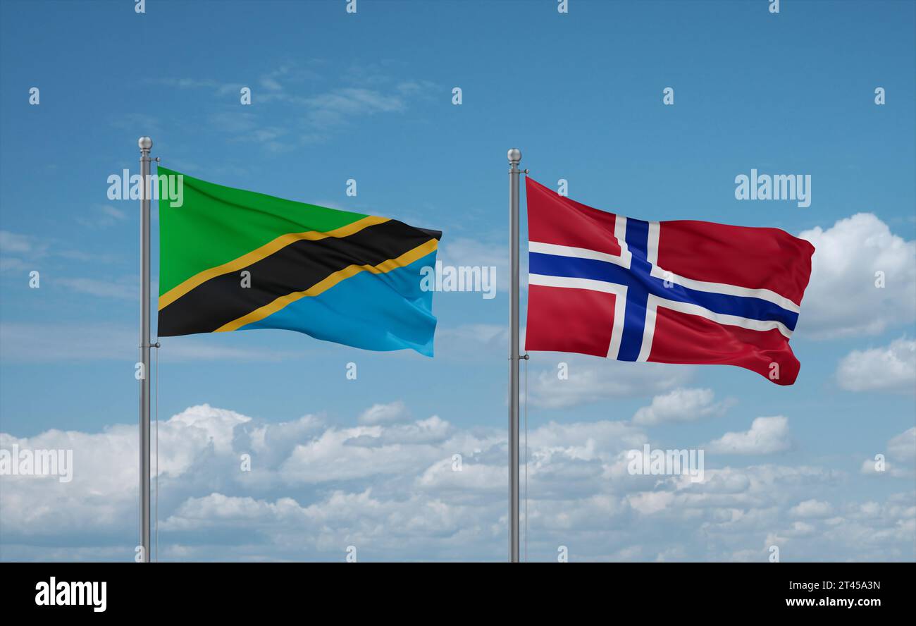 Norway and Tanzania flags waving together on blue cloudy sky, two ...