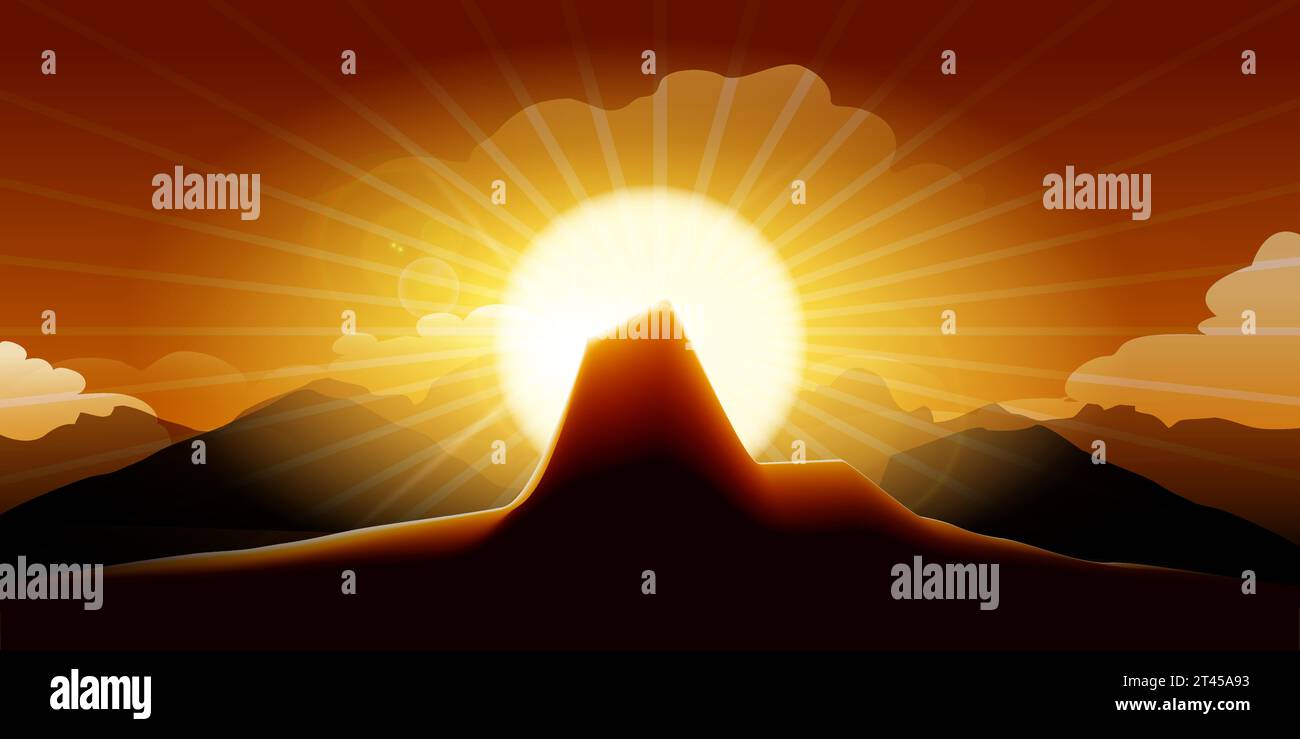 Horizontal landscape with Sundown in a Mountain Side. Sunset wild nature vector illustration Stock Vector