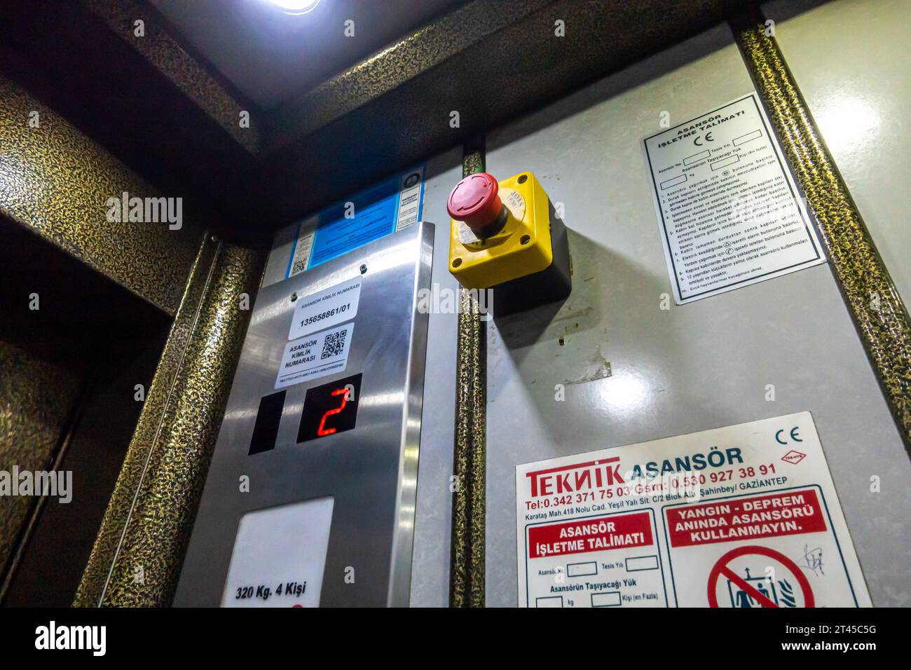 Alarm button in a Turkish elevator. Lift interior turkey Stock Photo