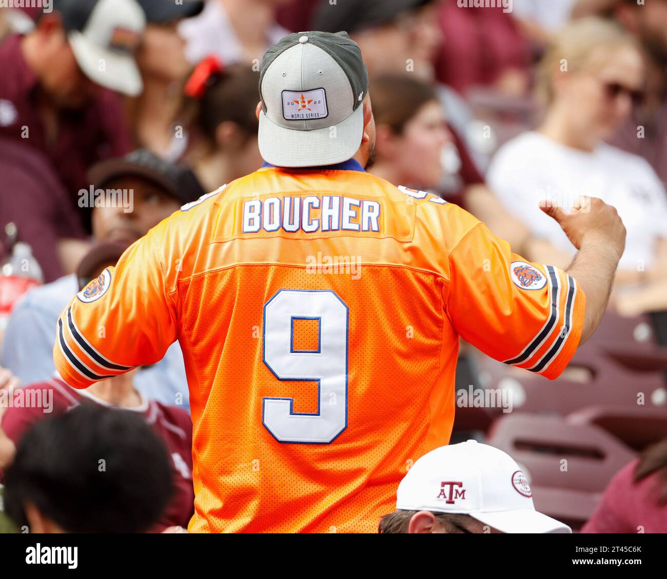 October 28, 2023: A fan wears a 'Bobby Boucher'' jersey from the movie 'The Waterboy'' during an SEC college football game between Texas A&M and South Carolina on October 28, 2023 in College Station. (Credit Image: © Scott Coleman/ZUMA Press Wire) EDITORIAL USAGE ONLY! Not for Commercial USAGE! Stock Photo