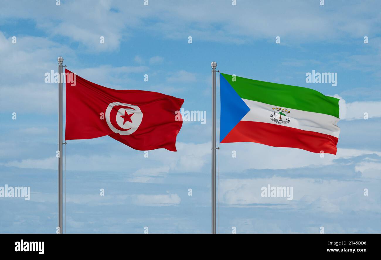 Equatorial Guinea and Tunisia flags waving together on blue cloudy sky ...