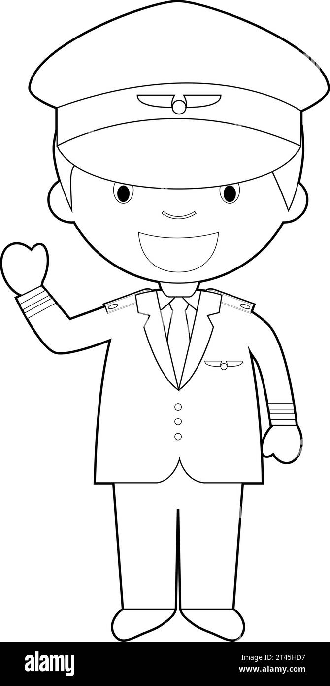 Easy coloring cartoon vector illustration of a pilot. Stock Vector