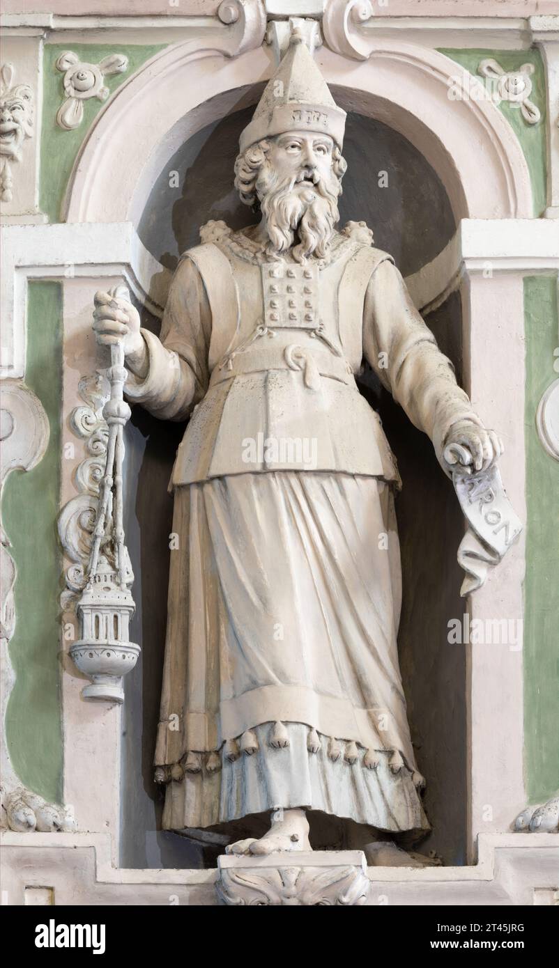 GENOVA, ITALY - MARCH 8, 2023: The statue highpries Aron in the church Chiesa di San Rocco sopra Principe by Marcello Sparzo (1514). Stock Photo