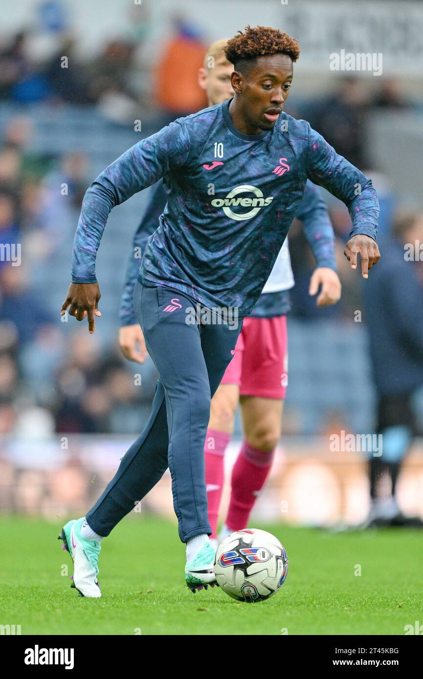 Blackburn, UK. 28th Oct, 2023. Jamal Lowe 10# of Swansea City Association Football Club warms up ahead of the match, during the Sky Bet Championship match Blackburn Rovers vs Swansea City at Ewood Park, Blackburn, United Kingdom, 28th October 2023 (Photo by Cody Froggatt/News Images) in Blackburn, United Kingdom on 10/28/2023. (Photo by Cody Froggatt/News Images/Sipa USA) Credit: Sipa USA/Alamy Live News Stock Photo