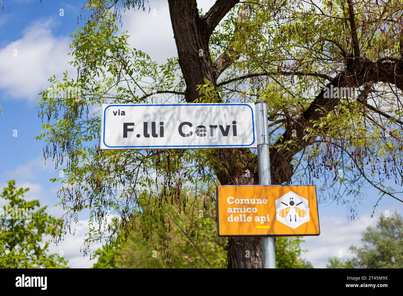 Gattatico, Reggio Emilia, Italy - April 25, 2023: Close-up of Italian street signs dedicated to the Cervi Brothers executed by a firing squad. Symbol Stock Photo