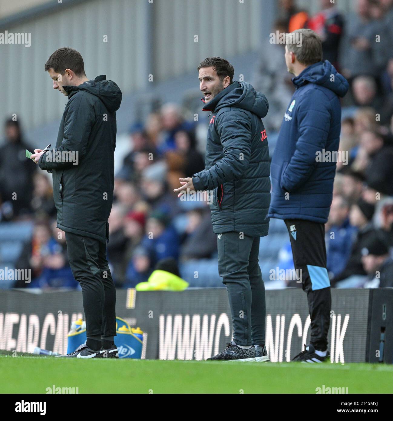 Martin Paterson assistant head coach of Swansea City shouts towards fourth official Scott Simpson, during the Sky Bet Championship match Blackburn Rovers vs Swansea City at Ewood Park, Blackburn, United Kingdom, 28th October 2023  (Photo by Cody Froggatt/News Images) Stock Photo