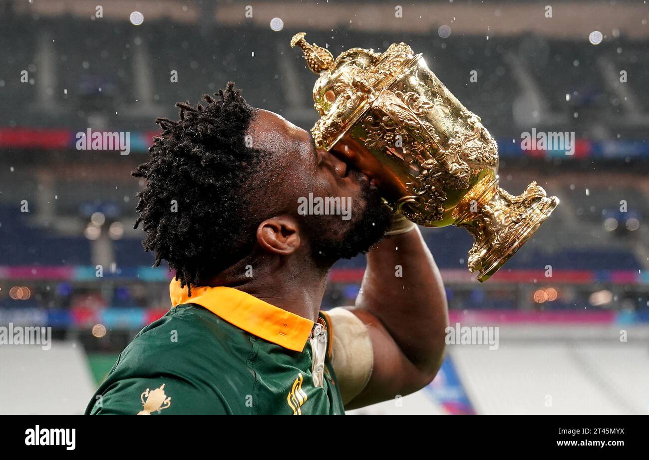 South Africa's Siya Kolisi celebrates with the Webb Ellis Cup after the ...