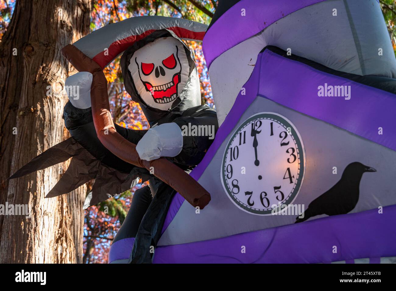 Inflatable Grim Reaper decoration displayed outside a house for Halloween in Vancouver, Canada. Stock Photo