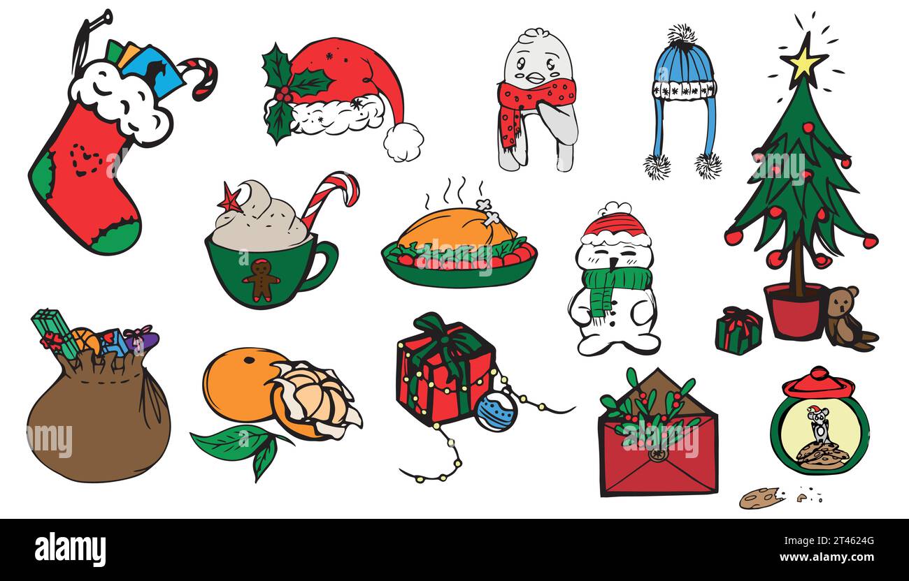Christmas cute icons, design elements, doodle vector set illustrations for banners Stock Vector