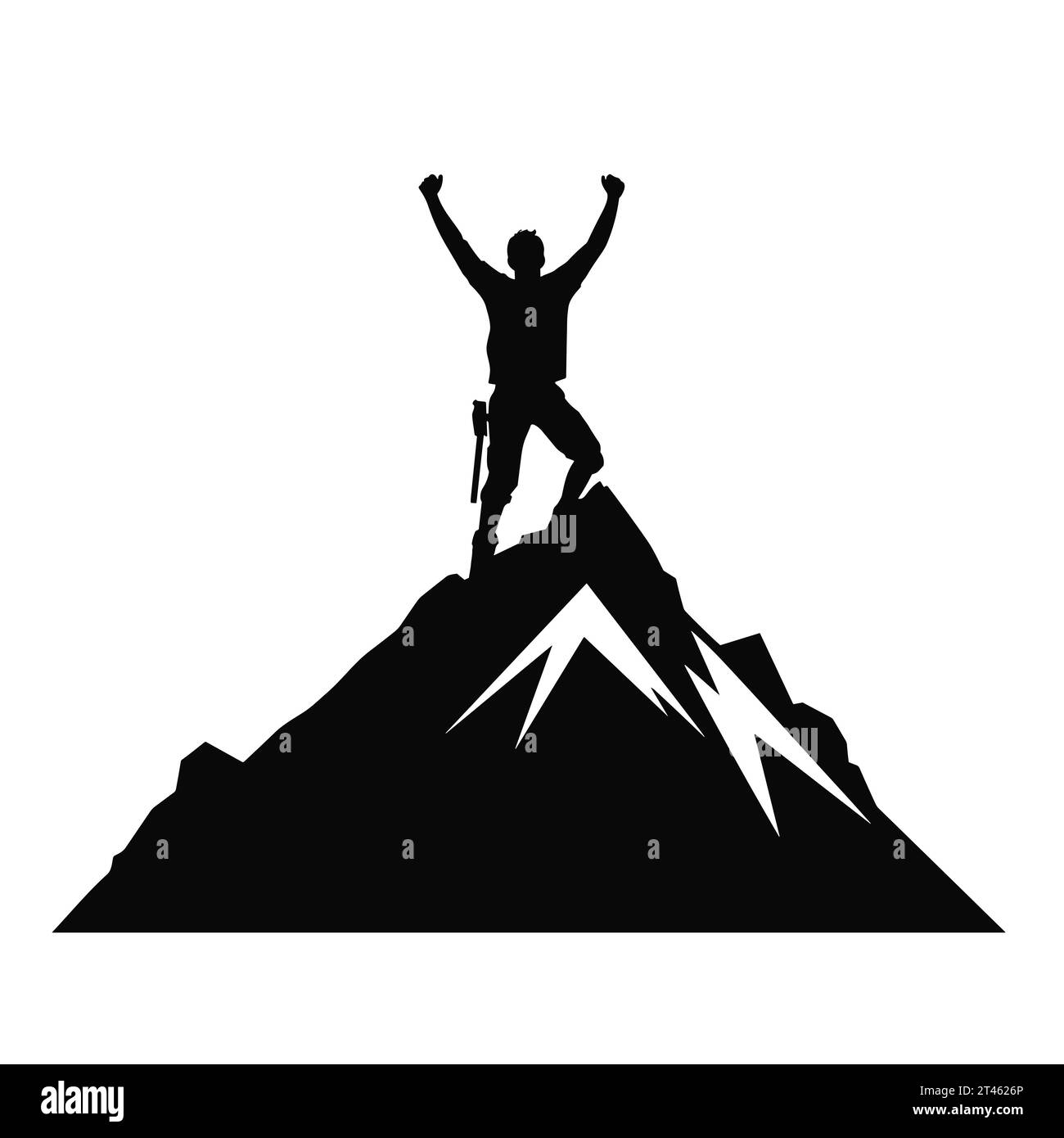 Silhouette of a man on top of the mountain black icon on white