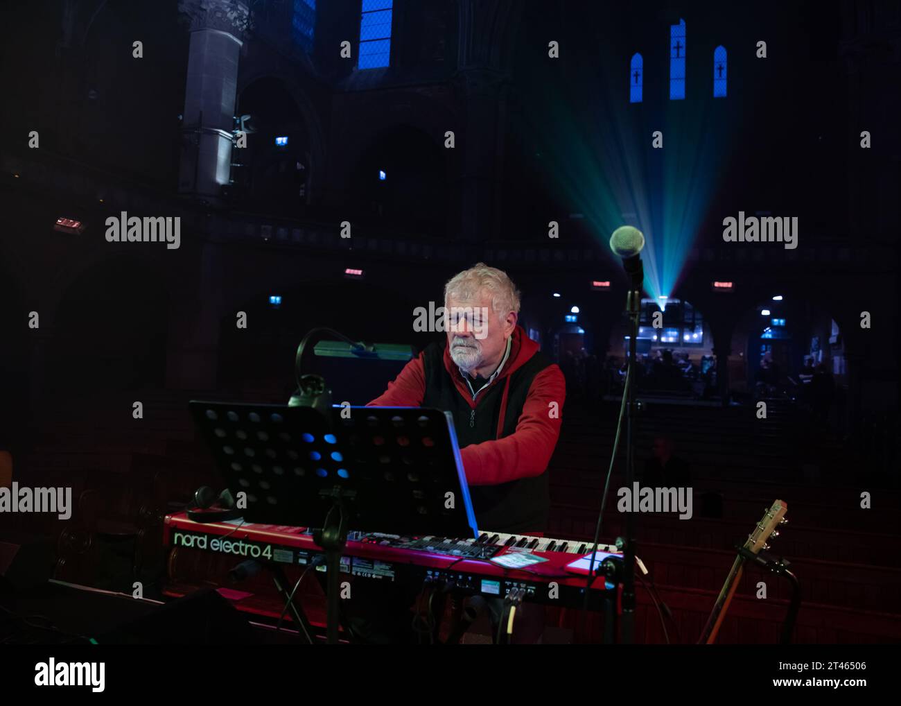 London, United Kingdom. 28th October 2023. Fabio Frizzi gets ready to play the score for classic italian horror Zombie Flesh Eaters live at Union Chapel, for the 2023 Halloween edition of Frizzi2Fulci . Cristina Massei/Alamy Live News Stock Photo