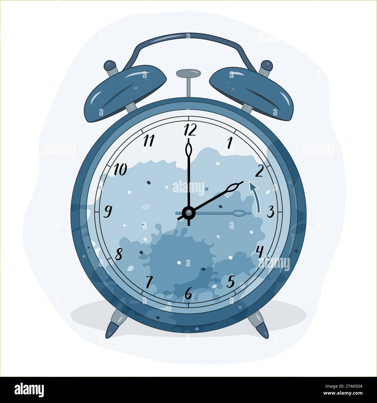 Illustration of an alarm clock. The blue one symbolizes the winter time. Time adjustment symbol. Moving the hands backward from 3:00 to 2:00. Stock Vector
