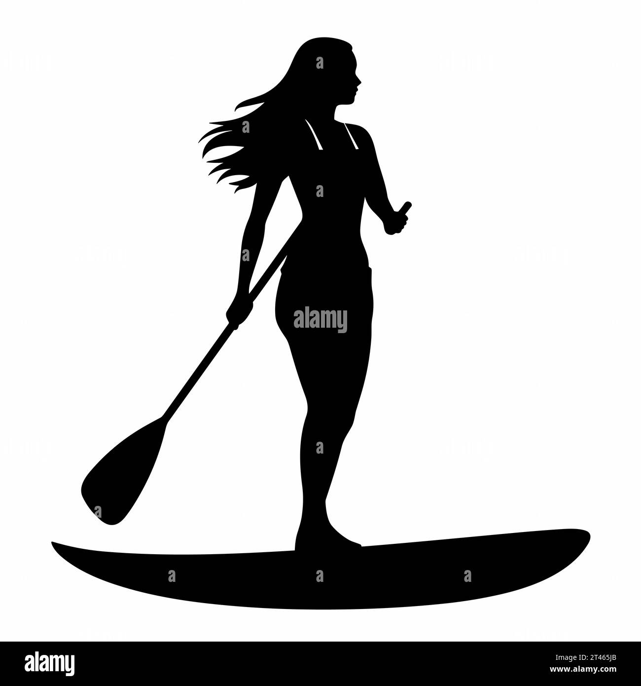 Paddleboarding woman silhouette. Paddleboarding woman black icon on white background Stock Vector
