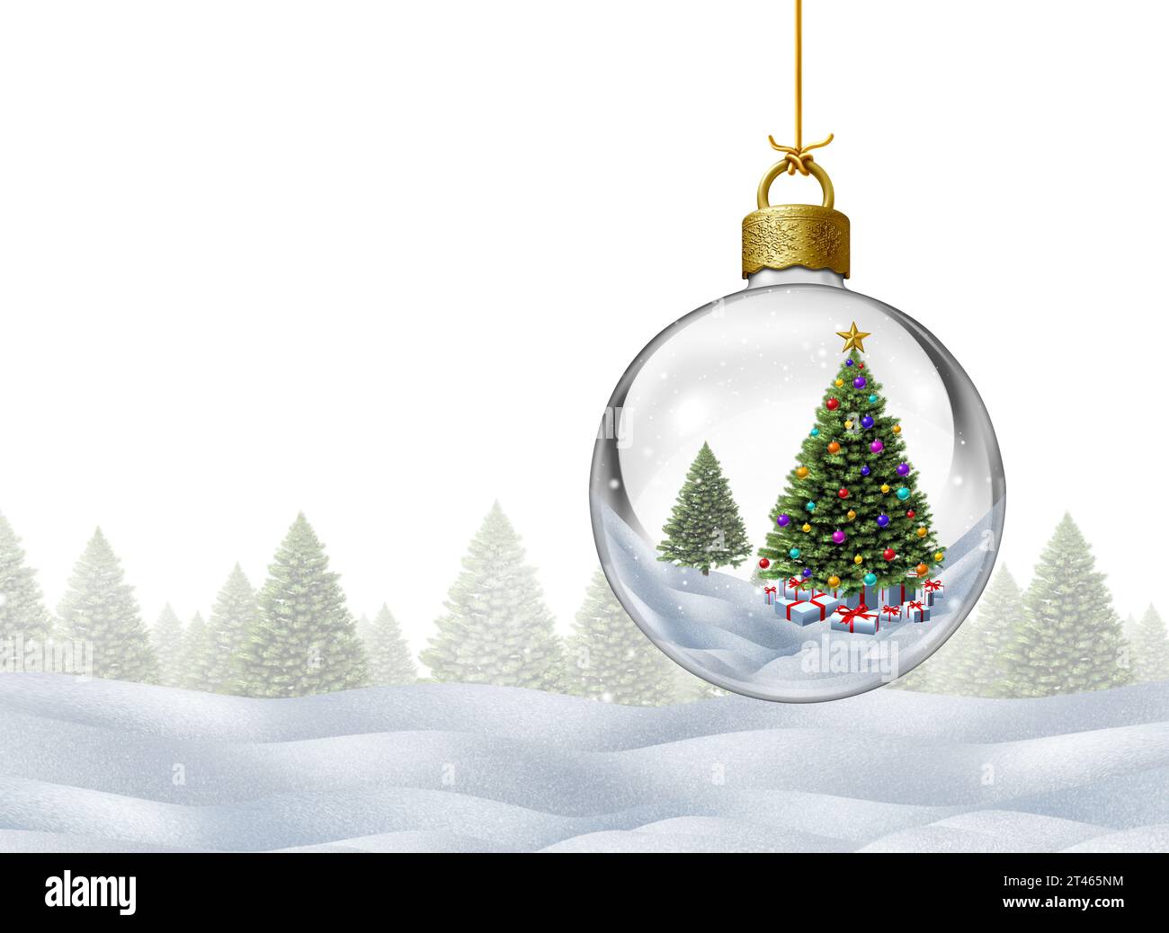 Winter Glass Christmas Ball ornament with a decorated tree as a crystal holiday sphere decoration as a Happy New Year seasonal ornamental design as a Stock Photo