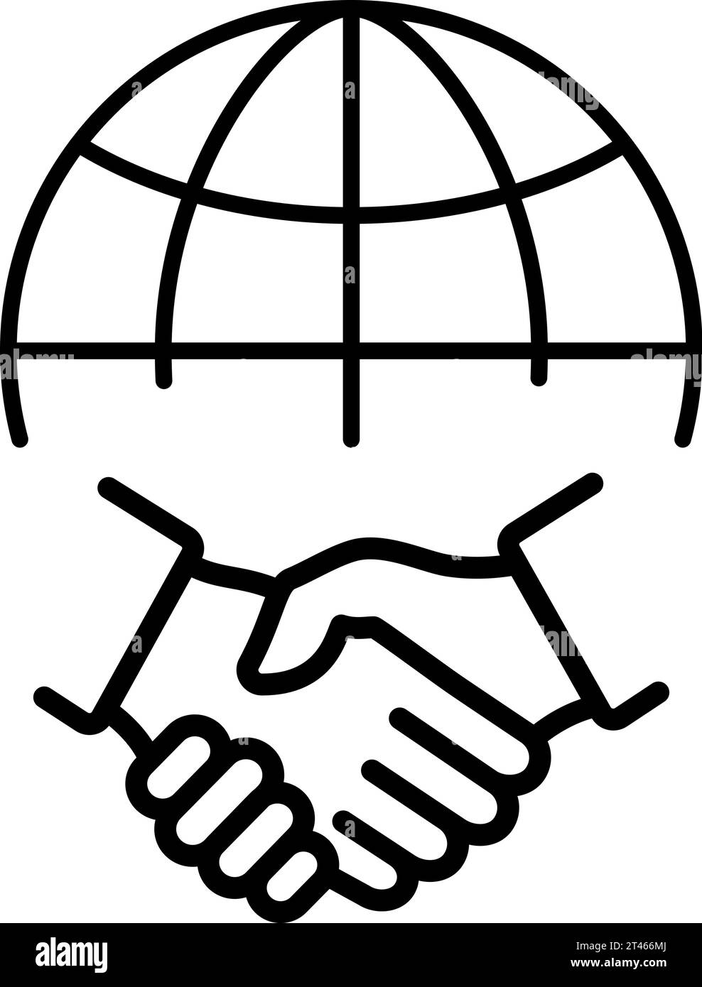 Linear icon of handshake of two hands and globe as general agreement or international partnership Stock Vector