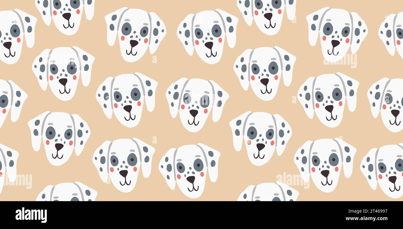 Vector seamless pattern with cute dalmatian dog faces. Dog pattern on beige background. Vector illustration Stock Vector