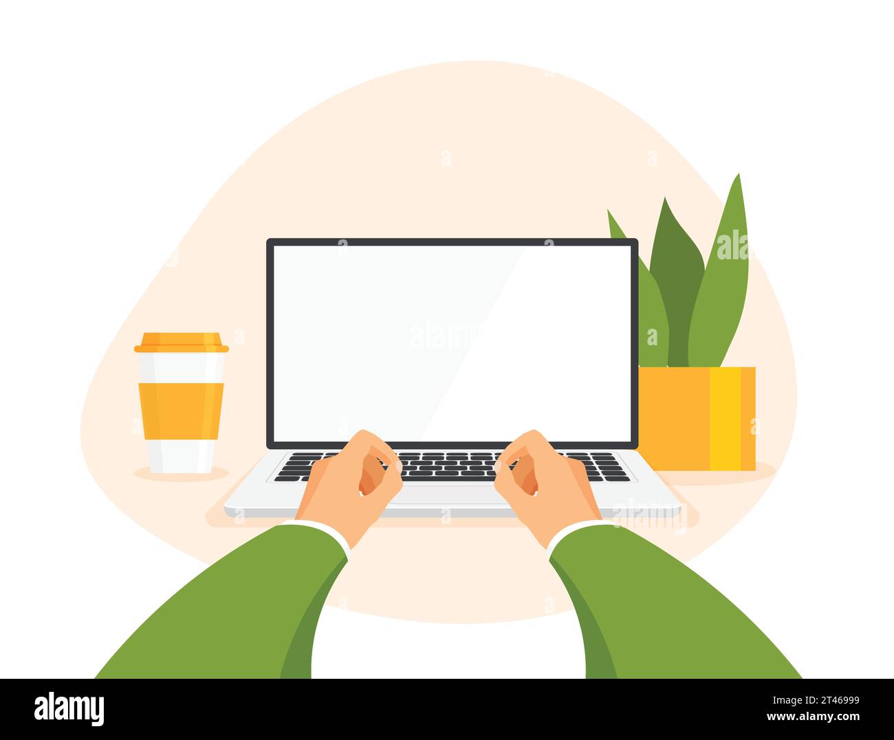 Workplace with human hands front view. Laptop with blank screen. Man work on computer. Flat vector illustration template in a trendy flat style. Stock Vector