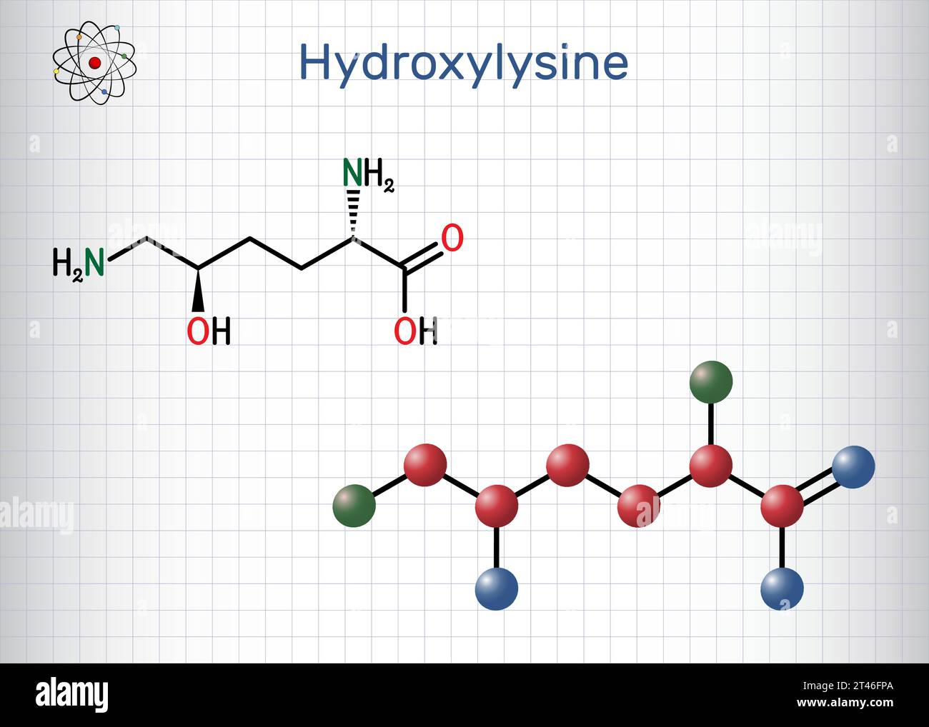 Hydroxylysine, Hyl molecule. It is amino acid, human metabolite. Structural chemical formula and
