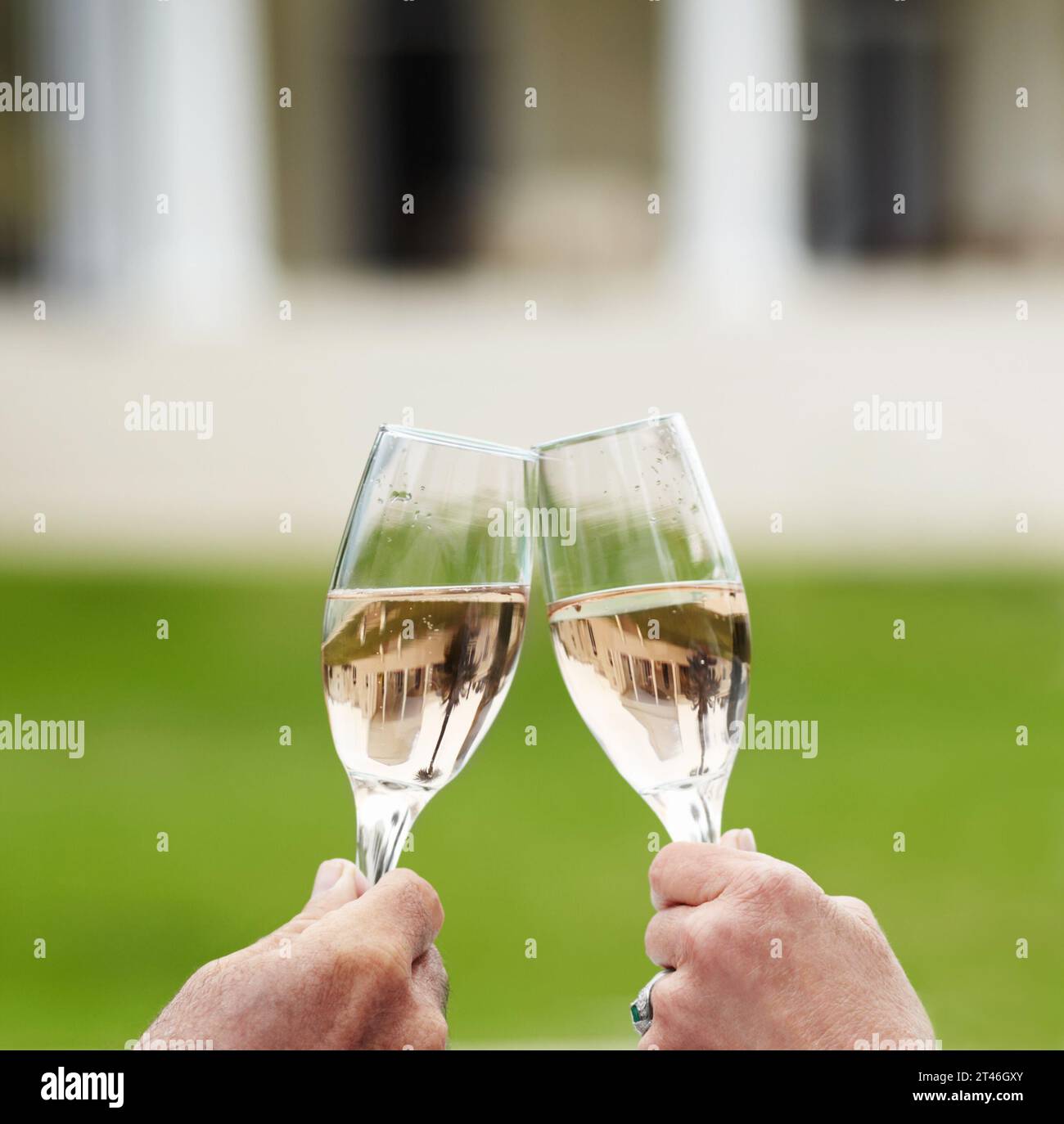 Couple, married and hands with champagne in celebration of anniversary, success or retirement. Mature, man and woman with toast, drink or cheers at Stock Photo
