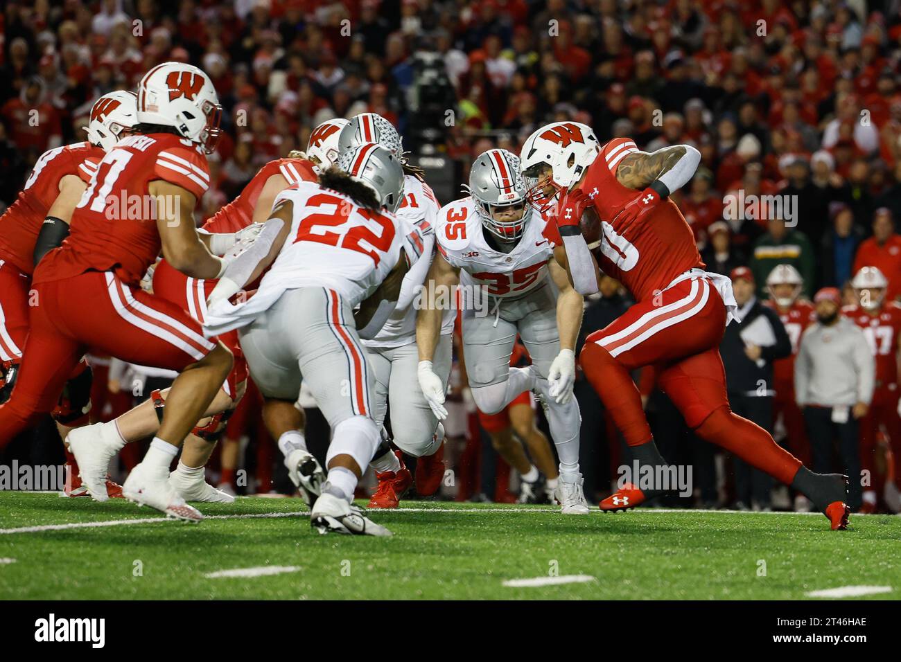 Madison, WI, USA. 28th Oct, 2023. Wisconsin Badgers running back Braelon Allen (0) running the ball during the NCAA Football game between the Ohio State Buckeyes and the Wisconsin Badgers at Camp Randall Stadium in Madison, WI. Darren Lee/CSM/Alamy Live News Stock Photo