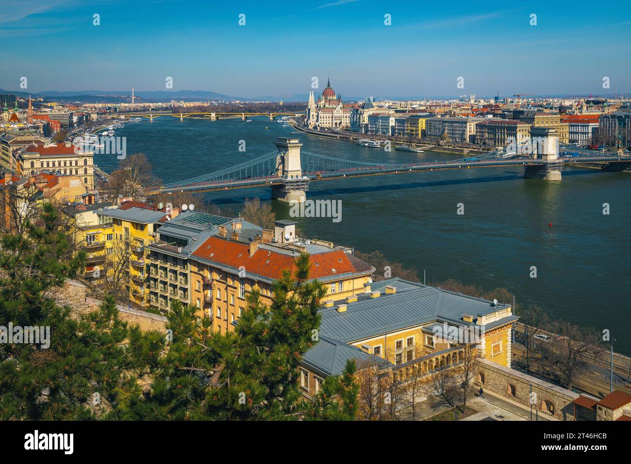 Great panoramic view from the Buda castle with Chain bridge over the ...