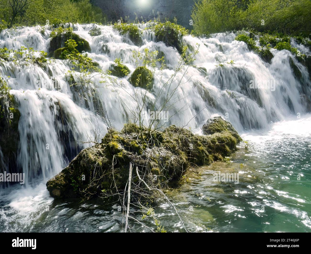 Low shutter speed of beautiful waterfalls, Plitvice lakes national park UNESCO, dramatic unusual scenic, green foliage alpine forest, biological diver Stock Photo