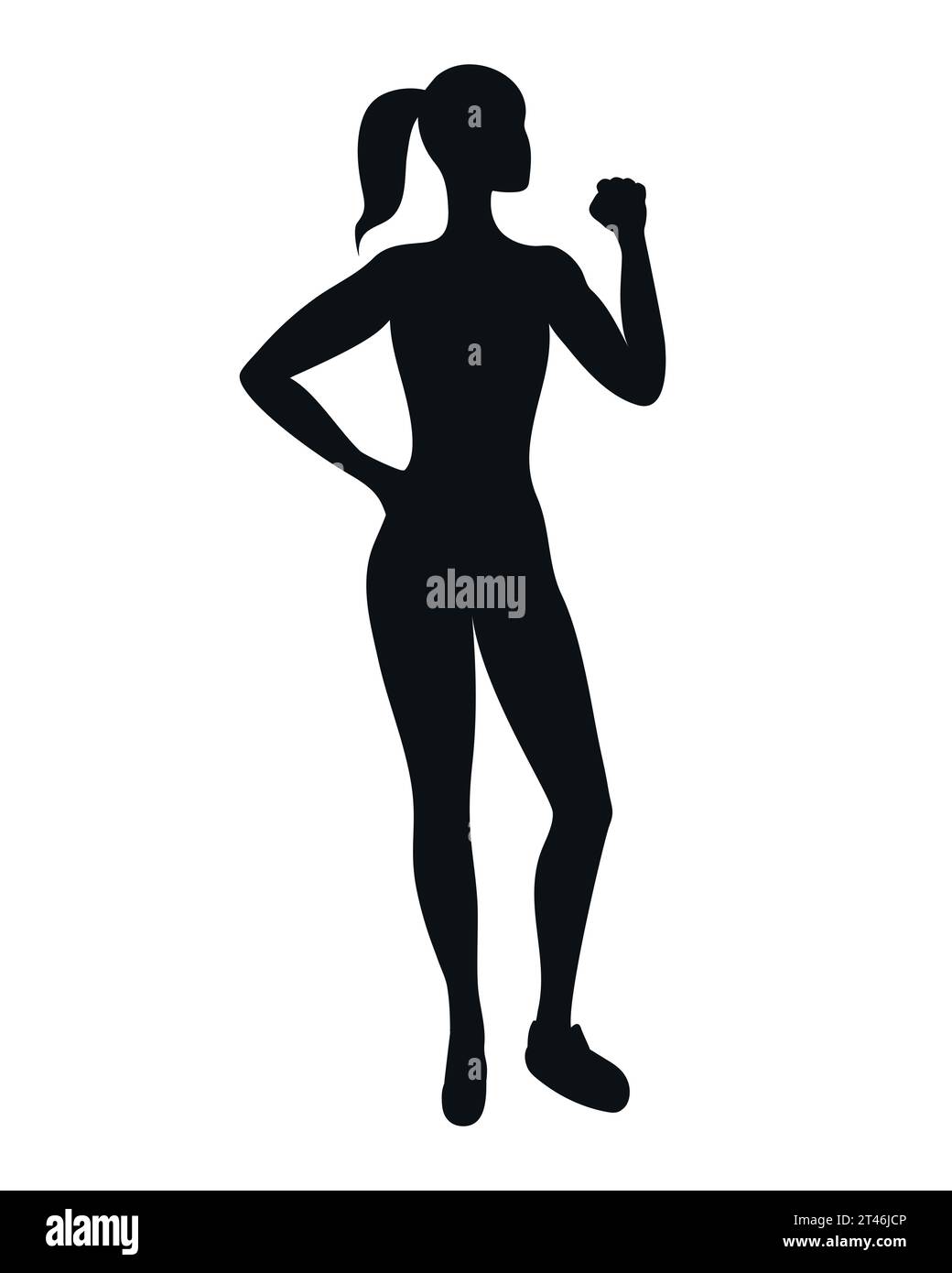 Female silhouette with raised fist. Strong woman silhouette. Vector illustration Stock Vector