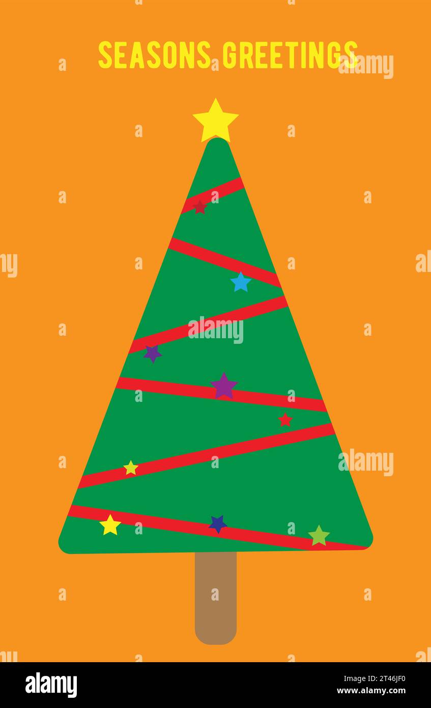 A green Christmas tree with a red ribbon and stars, standing tall on a