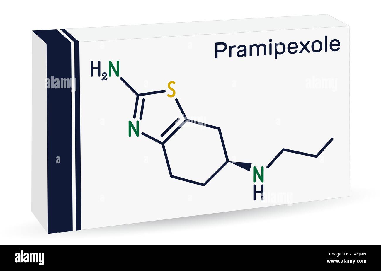 Pramipexole molecule. It is non-ergot dopamine agonist, medication used to treat Parkinson's disease. Skeletal chemical formula. Paper packaging for d Stock Vector