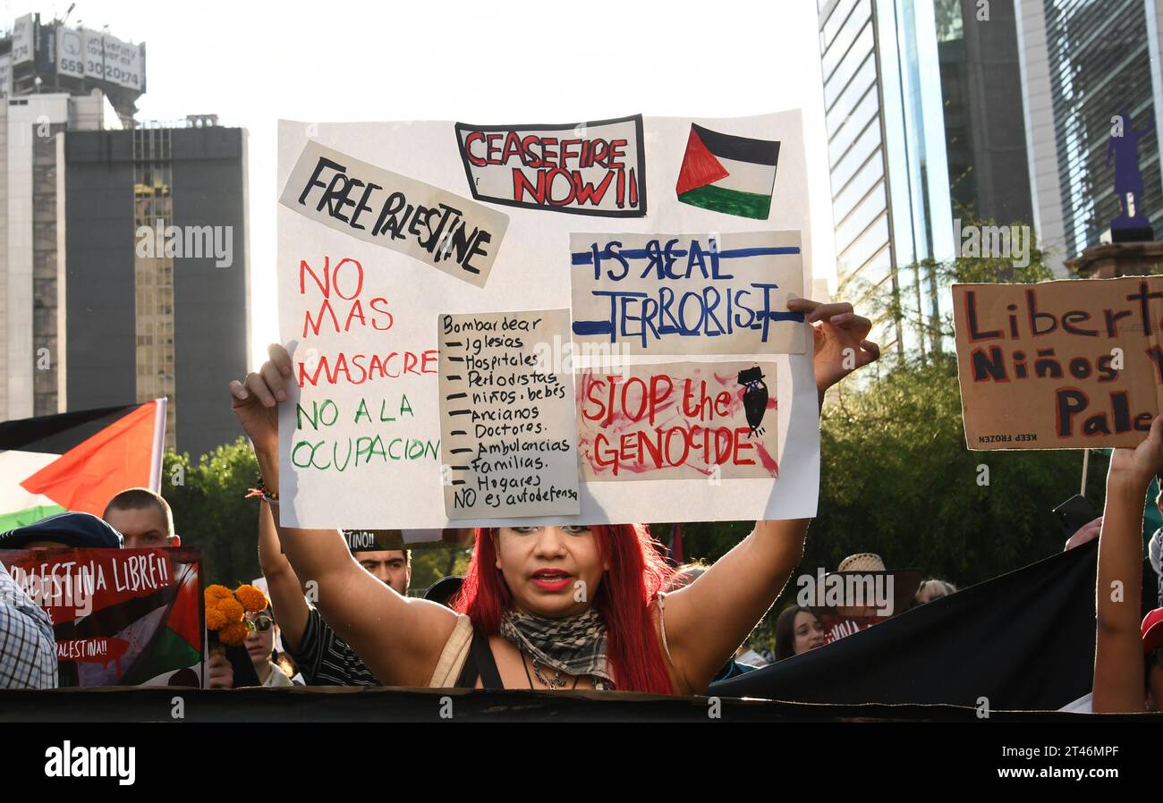 Mexico City, Mexico City, Mexico. 28th Oct, 2023. Hundreds of activists are protesting in the streets of Mexico City on Saturday to demand a ceasefire in the Gaza Strip as the United Nations General Assembly convenes an emergency meeting.''We are gathered here while Palestinians in Gaza are under bombs, '' said Permanent Observer of the State of Palestine Riyad Mansour.''They are talking while families are being killed, while hospitals are paralysed, while neighbourhoods are being destroyed, while people are fleeing from place to place with nowhere safe to go.''.''There is no time to mo Stock Photo