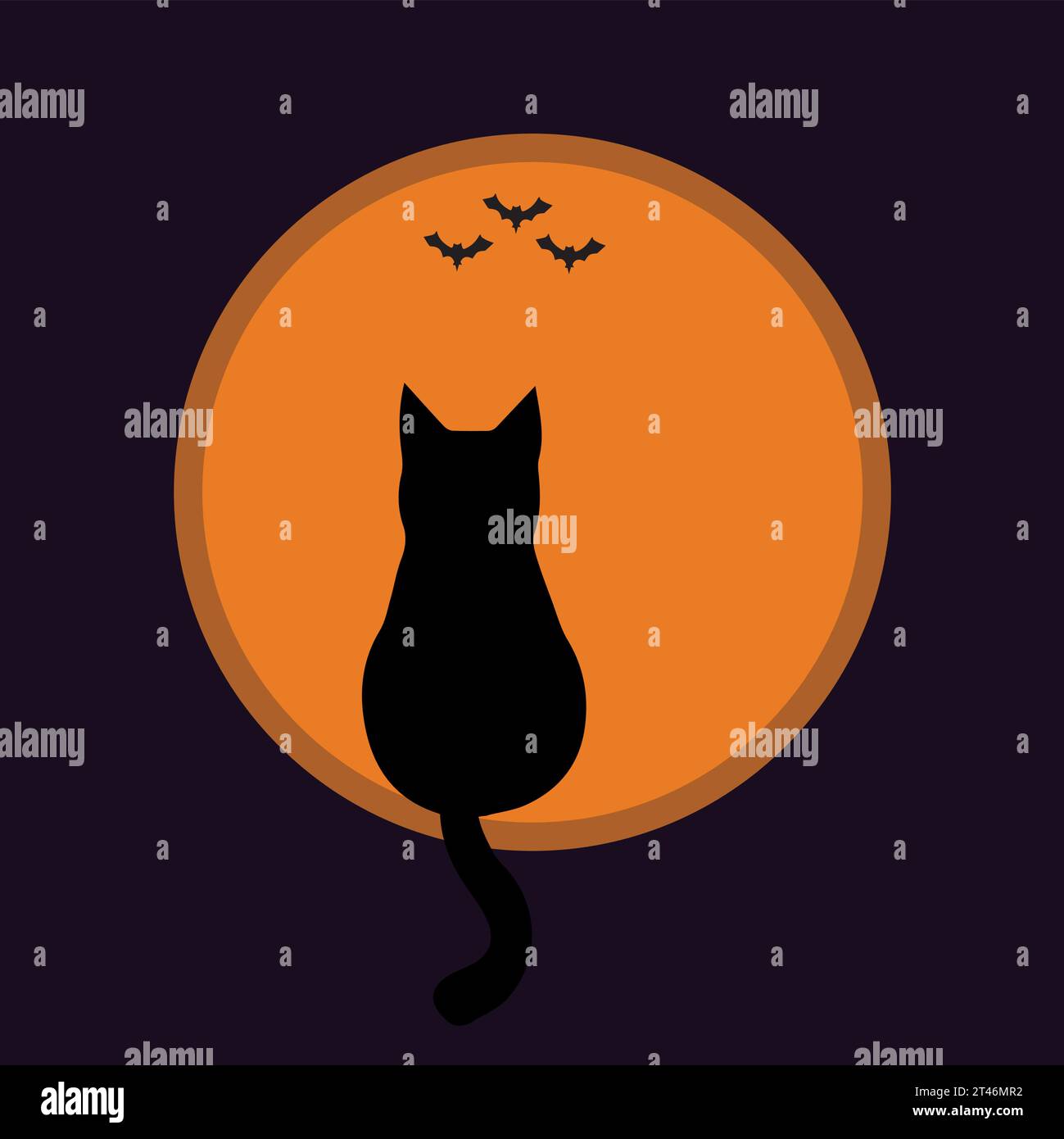 Silhouette of a black cat on a full moon with three bats, Halloween card Stock Vector