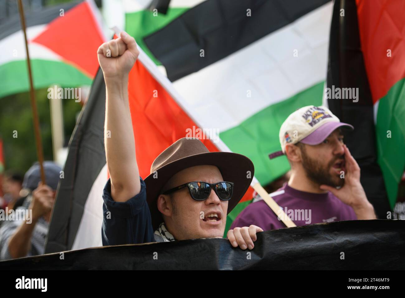 Mexico City, Mexico City, Mexico. 28th Oct, 2023. Hundreds of activists are protesting in the streets of Mexico City on Saturday to demand a ceasefire in the Gaza Strip as the United Nations General Assembly convenes an emergency meeting.''We are gathered here while Palestinians in Gaza are under bombs, '' said Permanent Observer of the State of Palestine Riyad Mansour.''They are talking while families are being killed, while hospitals are paralysed, while neighbourhoods are being destroyed, while people are fleeing from place to place with nowhere safe to go.''.''There is no time to mo Stock Photo